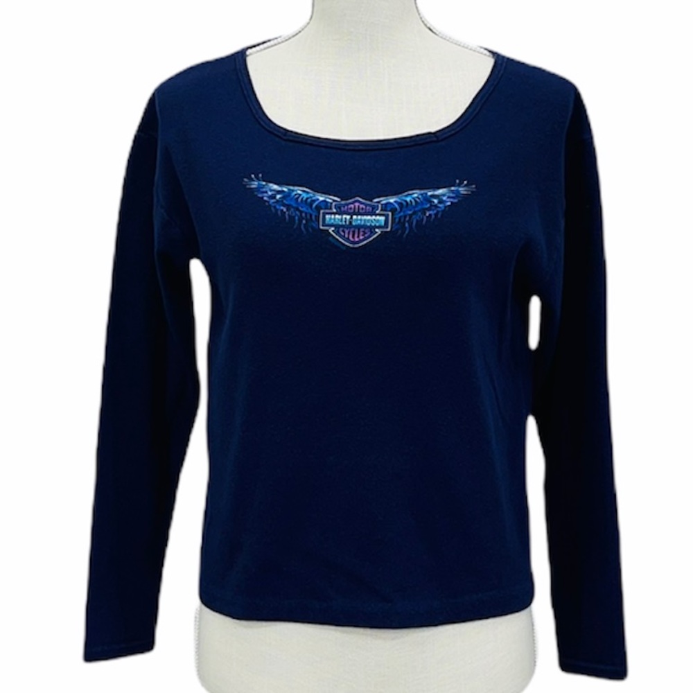 HARLEY-DAVIDSON Women’s Vintage Navy Blue Long Sleeve Tee Shirt Size Small